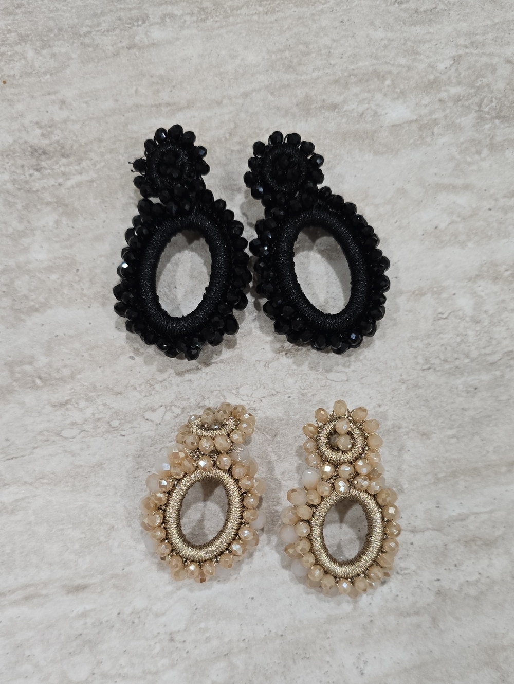 Handcrafted Beaded Drop Earrings - Black & Beige
